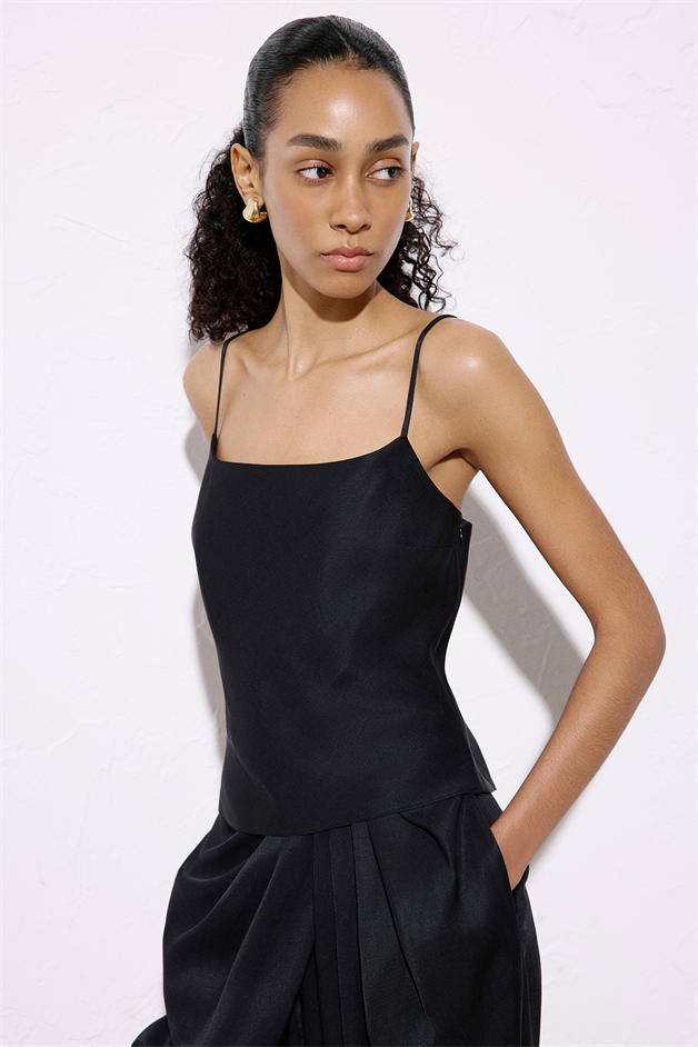 Square Neck Thin Strap Black Blouse
