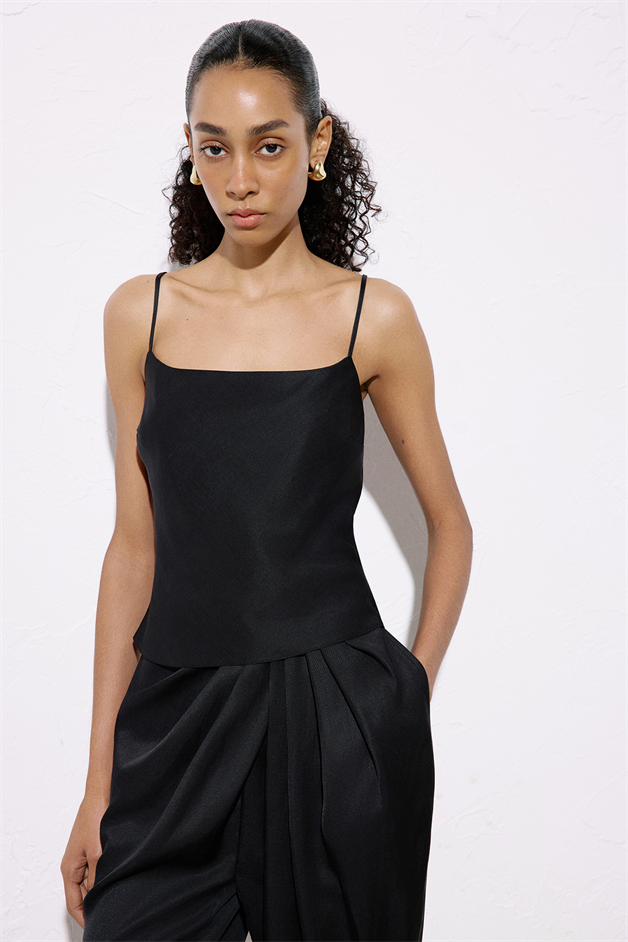 Square Neck Thin Strap Black Blouse