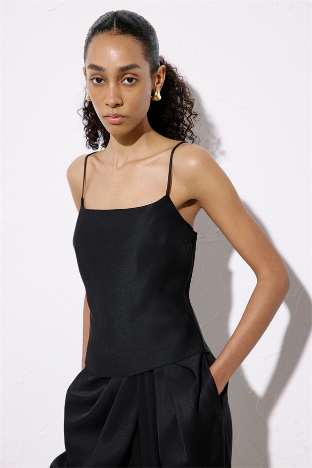 Square Neck Thin Strap Black Blouse