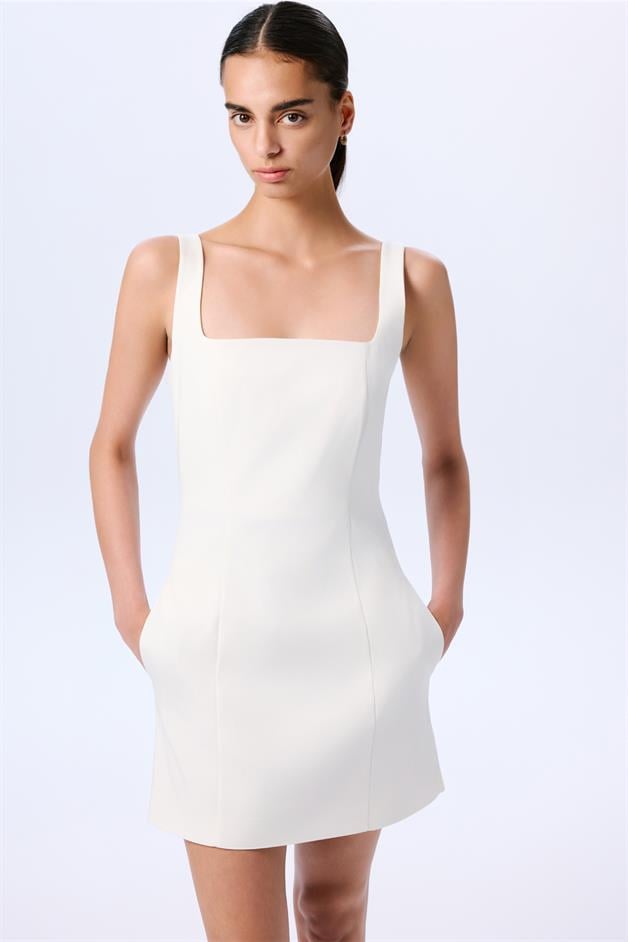 Kare Yaka Şık Ekru Mini Elbise