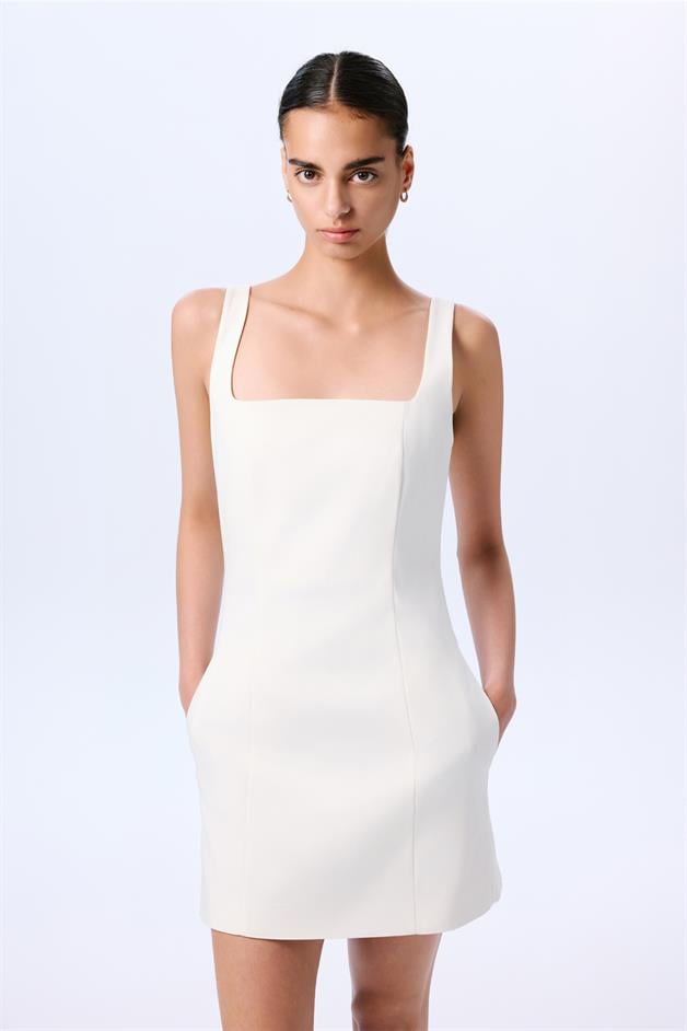 Kare Yaka Şık Ekru Mini Elbise