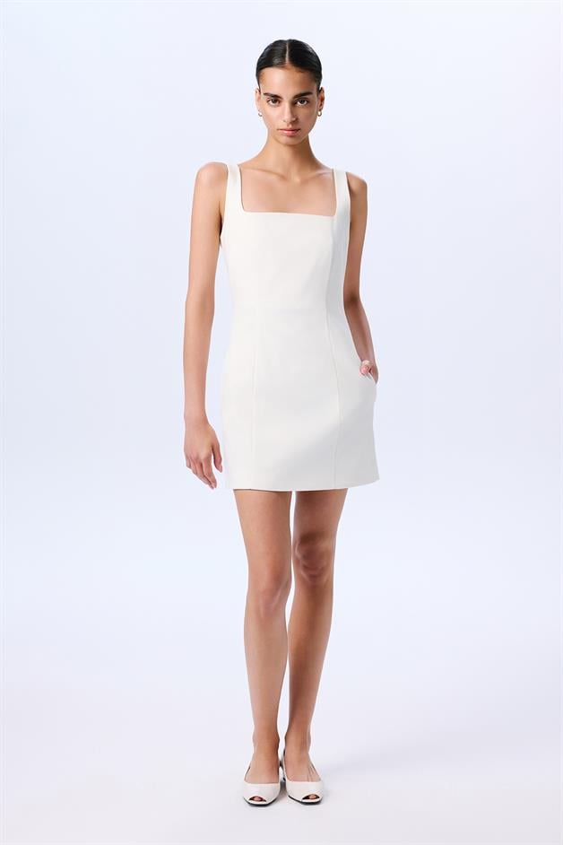 Kare Yaka Şık Ekru Mini Elbise