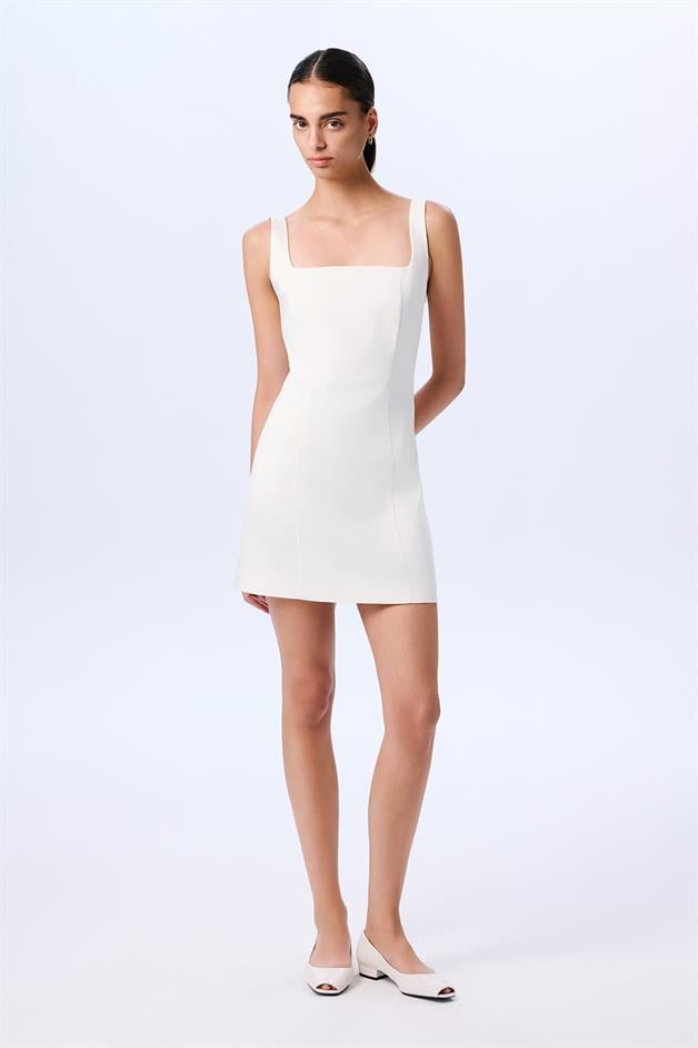 Kare Yaka Şık Ekru Mini Elbise