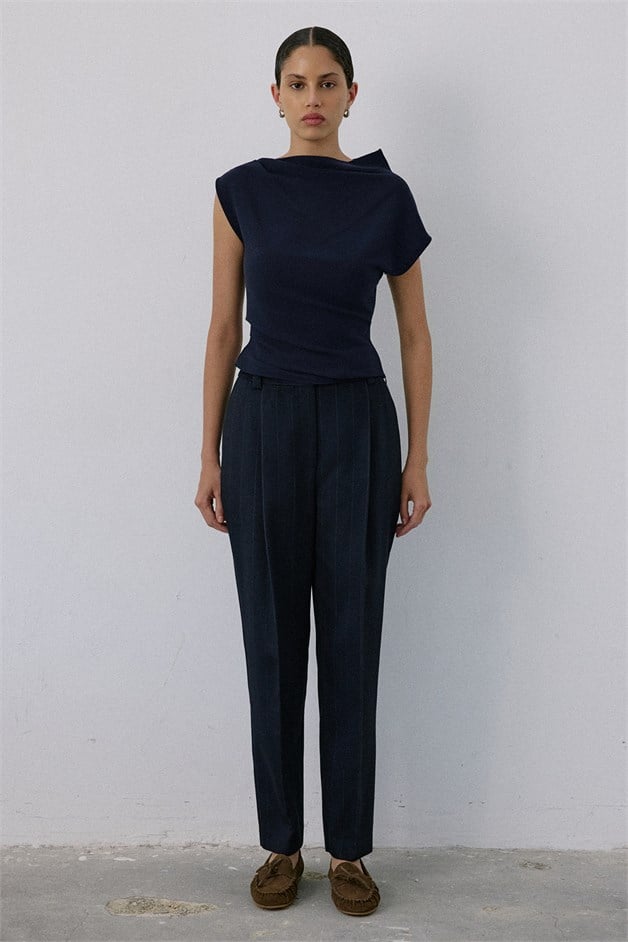 Boat Neck Short Sleeve Navy Blouse