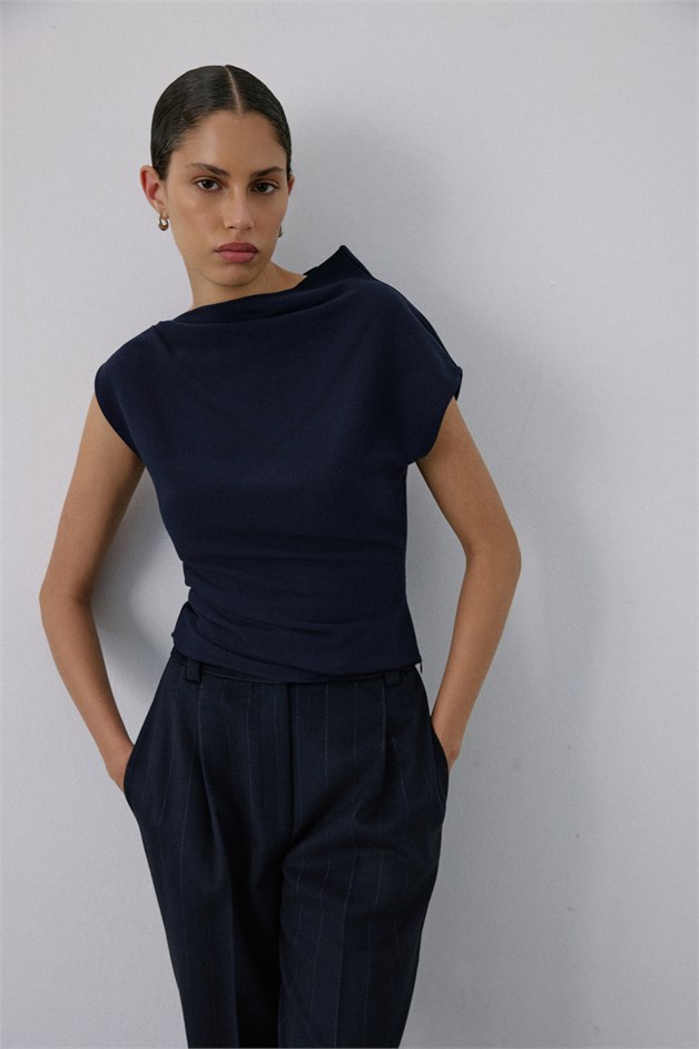 Boat Neck Short Sleeve Navy Blouse
