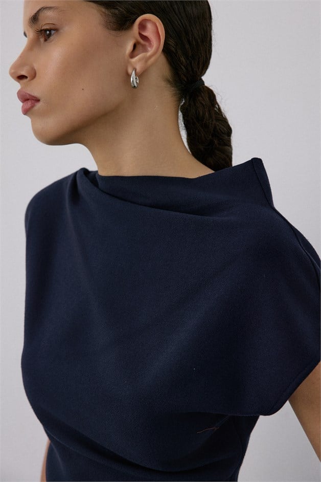 Boat Neck Short Sleeve Navy Blouse