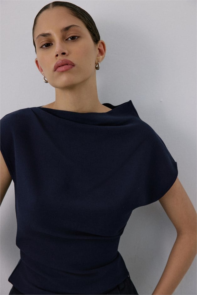 Boat Neck Short Sleeve Navy Blouse