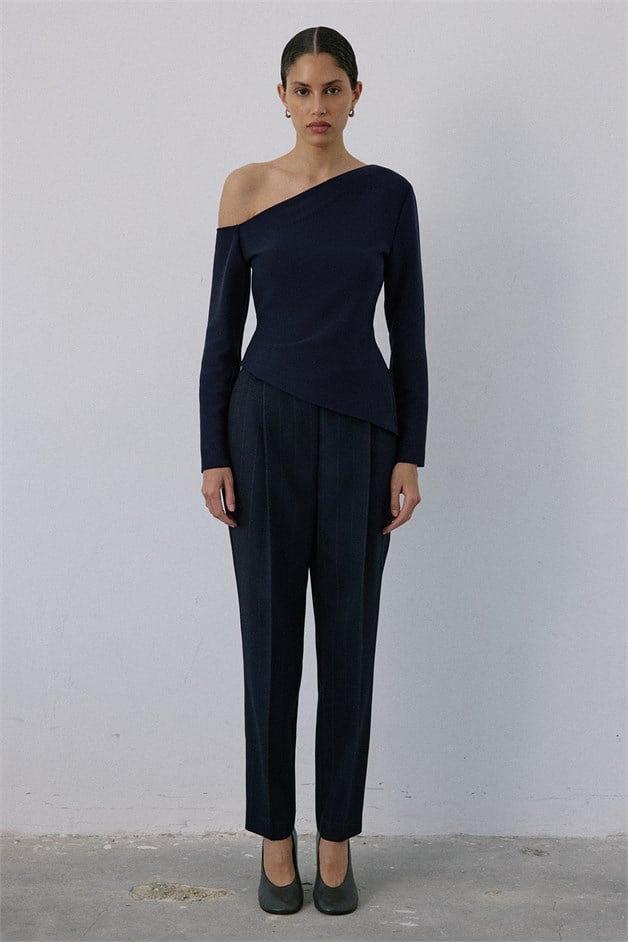 Boat Neck Long Sleeve Navy Blouse