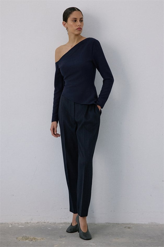 Boat Neck Long Sleeve Navy Blouse