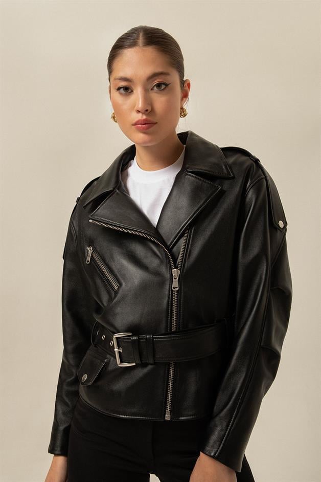 Kemerli Biker Siyah Deri Ceket