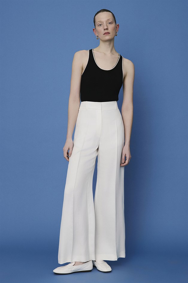 Kemerli Geniş Paça Ekru Pantolon