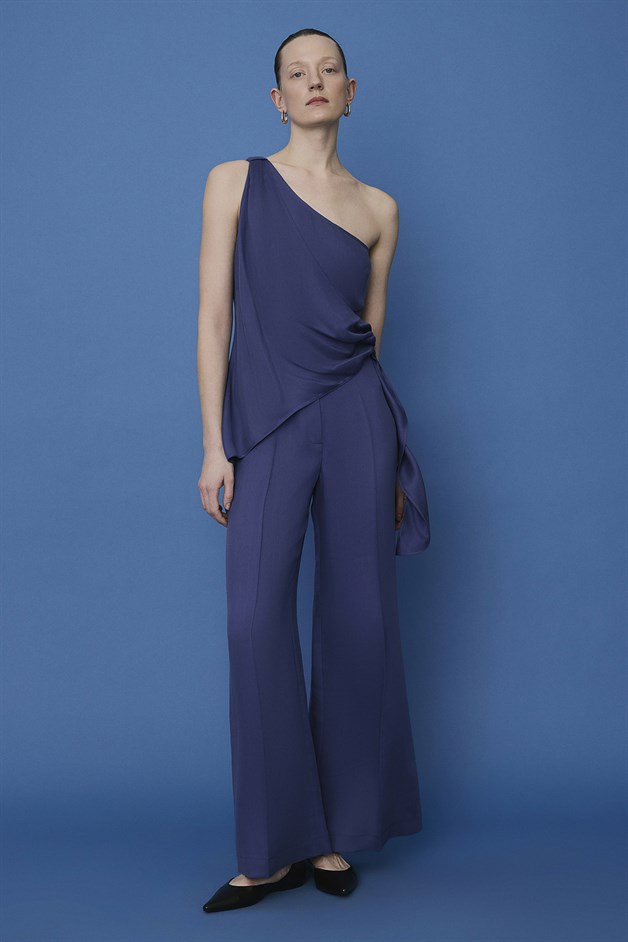 Kemerli Geniş Paça İndigo Pantolon