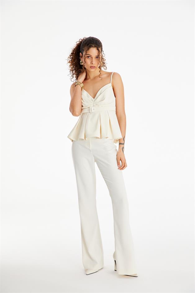 Ruffled Ecru Blouse with Belt