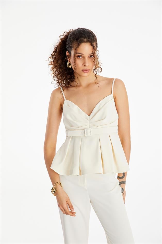Ruffled Ecru Blouse with Belt