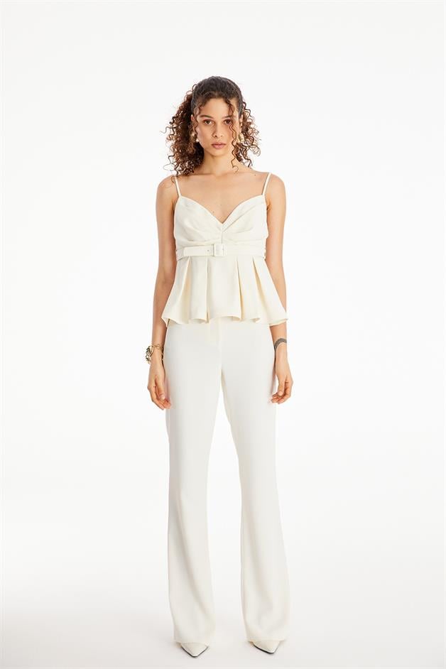 Ruffled Ecru Blouse with Belt