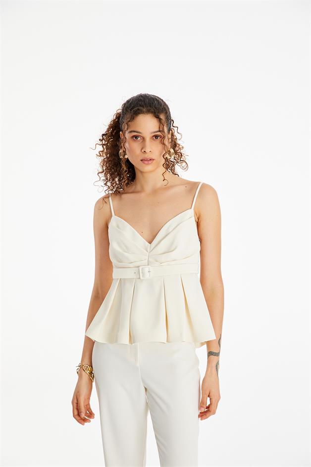 Ruffled Ecru Blouse with Belt