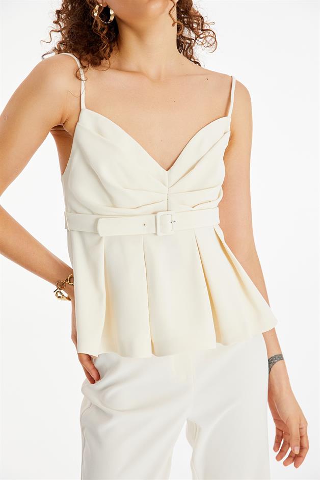 Ruffled Ecru Blouse with Belt