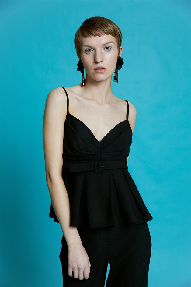 Ruffled Black Blouse with Belt