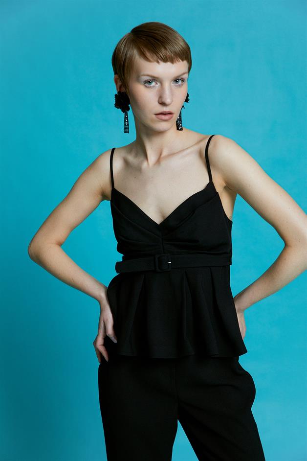 Ruffled Black Blouse with Belt