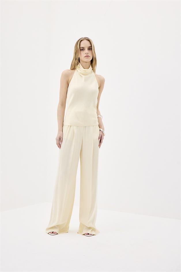 Belted High Waist Wide Leg Beige Pants