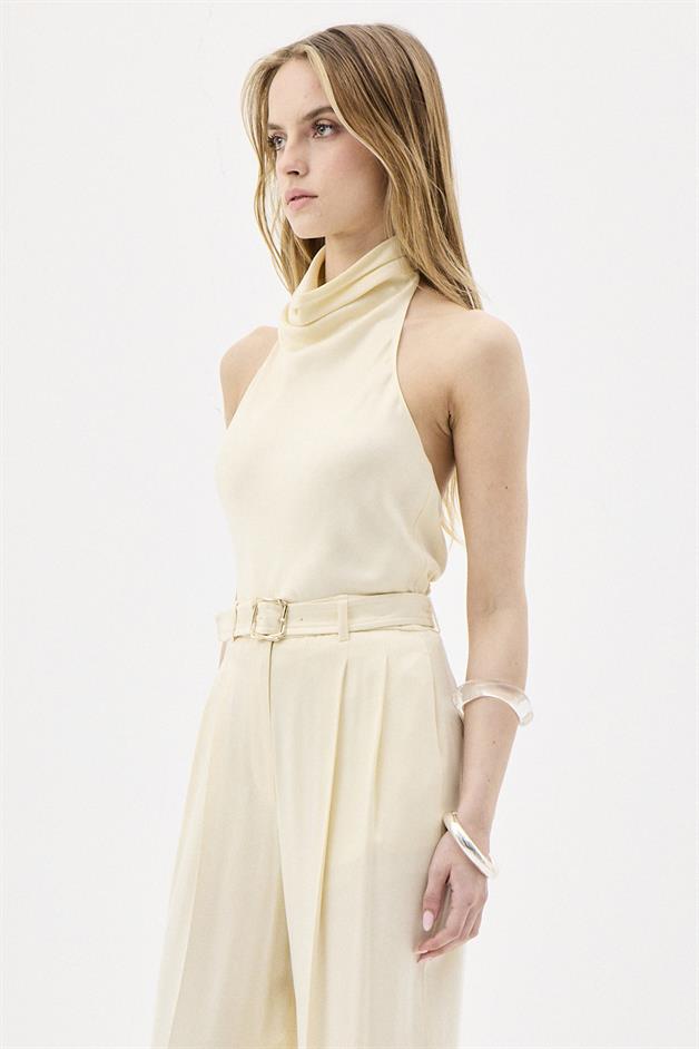 Belted High Waist Wide Leg Beige Pants