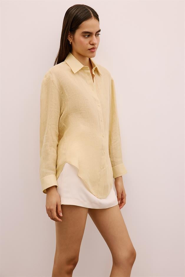 Textured Linen Buttoned Beige Shirt