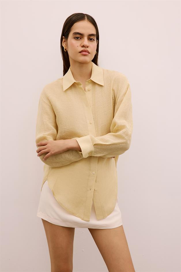 Textured Linen Buttoned Beige Shirt