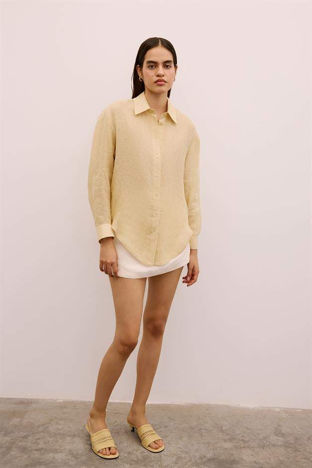 Textured Linen Buttoned Beige Shirt