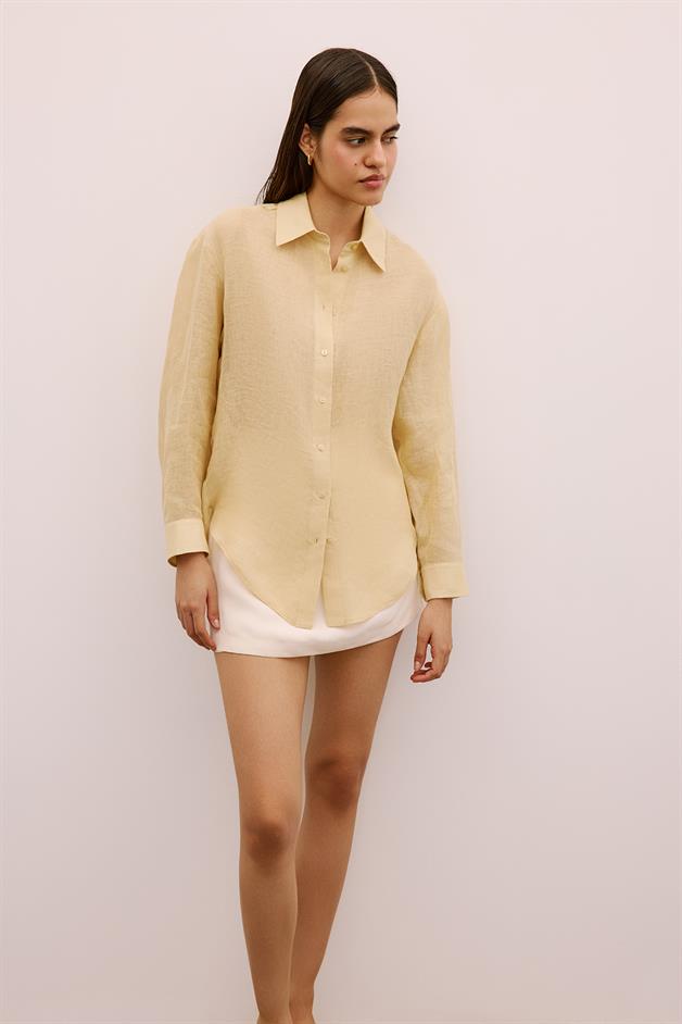 Textured Linen Buttoned Beige Shirt