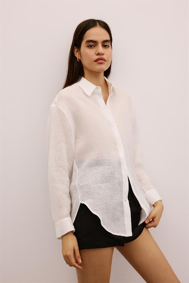 Textured Linen Buttoned Ecru Shirt