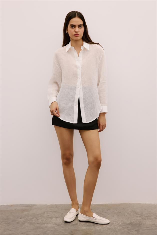 Textured Linen Buttoned Ecru Shirt