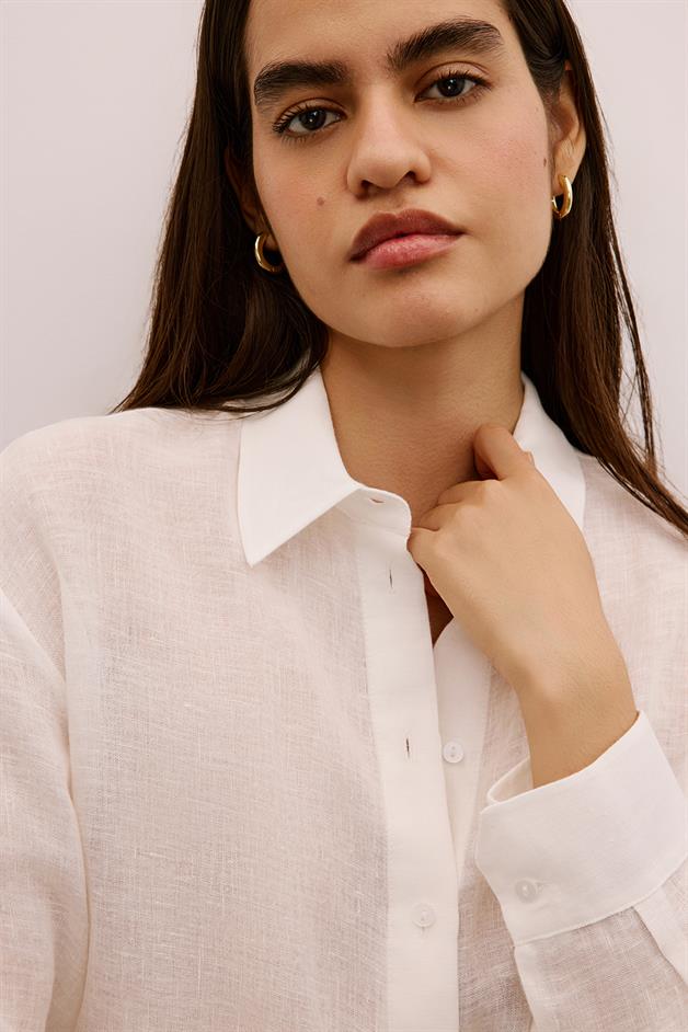 Textured Linen Buttoned Ecru Shirt