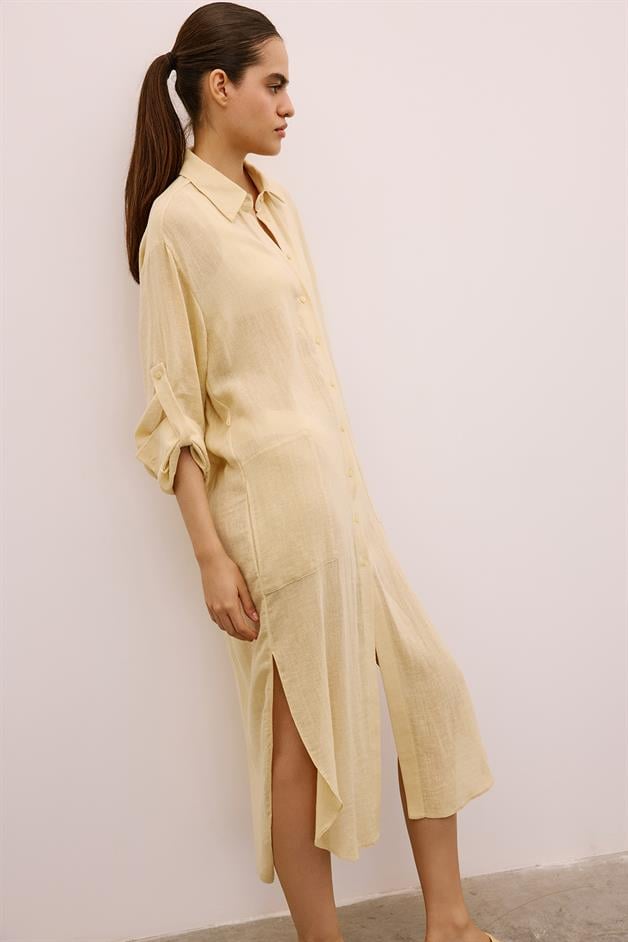 Textured Linen Long Beige Shirt Dress