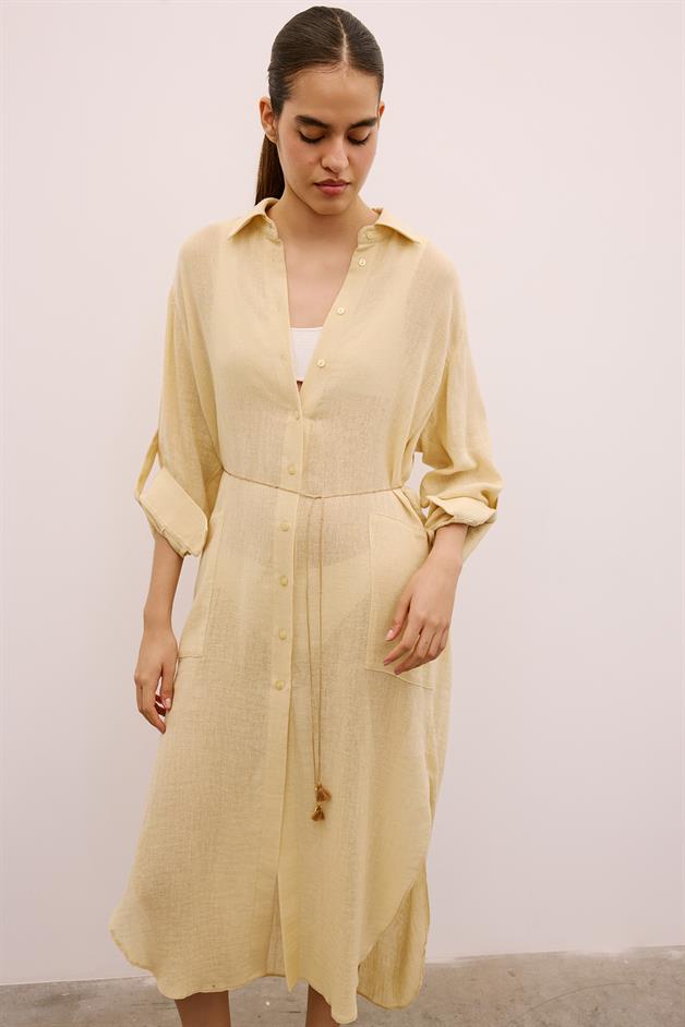 Textured Linen Long Beige Shirt Dress