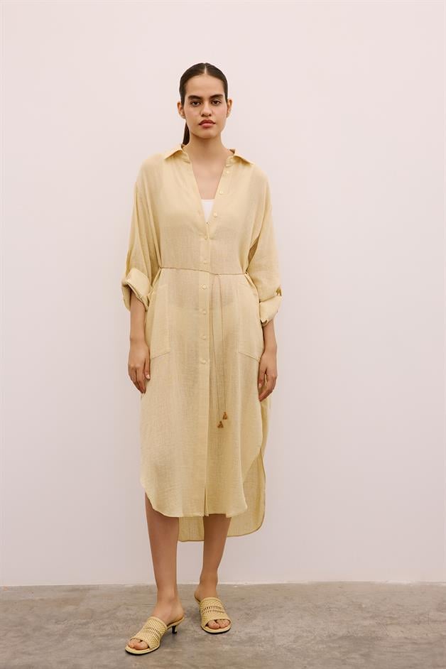 Textured Linen Long Beige Shirt Dress