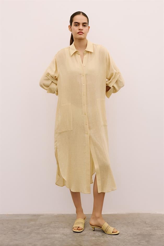 Textured Linen Long Beige Shirt Dress