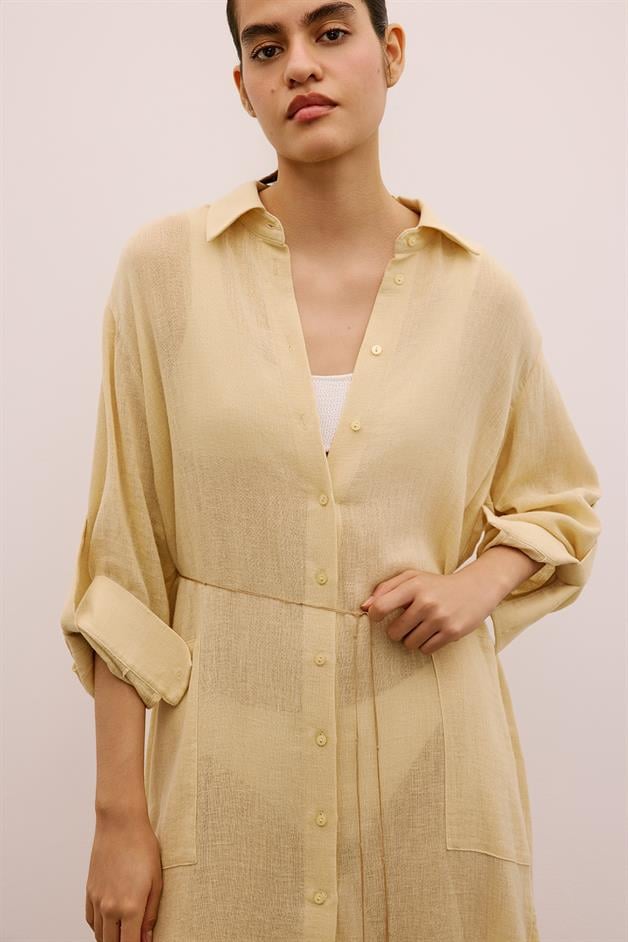 Textured Linen Long Beige Shirt Dress