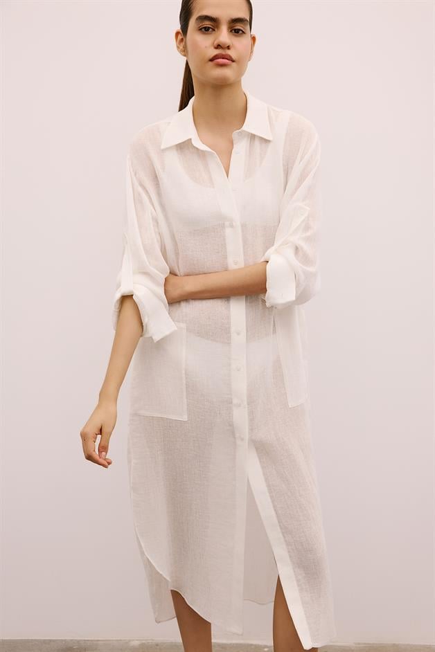 Textured Linen Long Ecru Shirt Dress