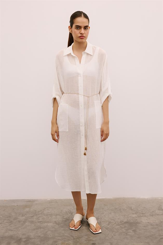 Textured Linen Long Ecru Shirt Dress