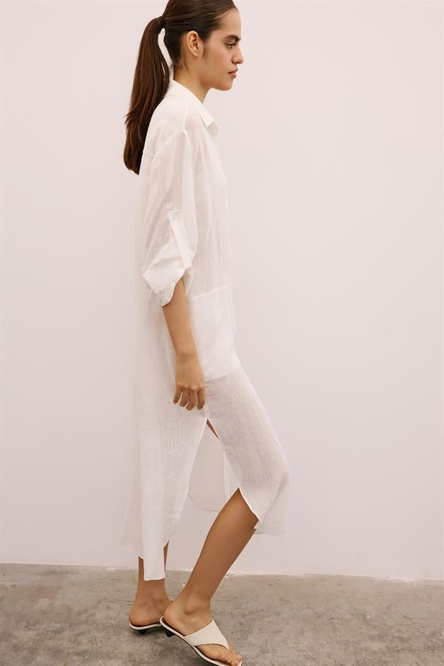 Textured Linen Long Ecru Shirt Dress