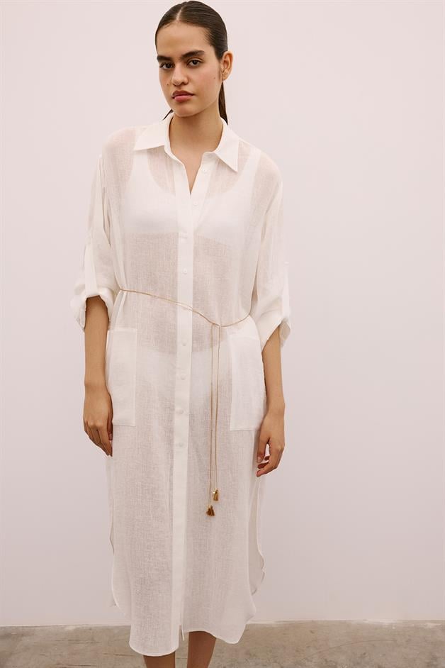 Textured Linen Long Ecru Shirt Dress