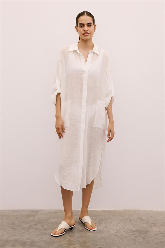 Textured Linen Long Ecru Shirt Dress