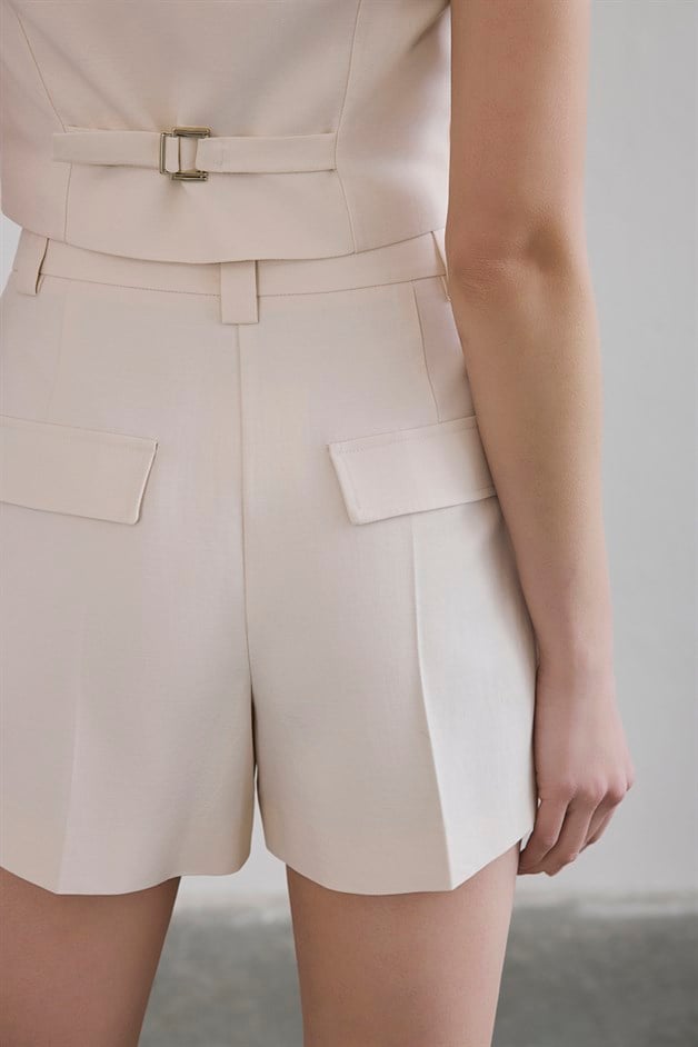 Linen Blend Belted Mini Powder Pink Shorts