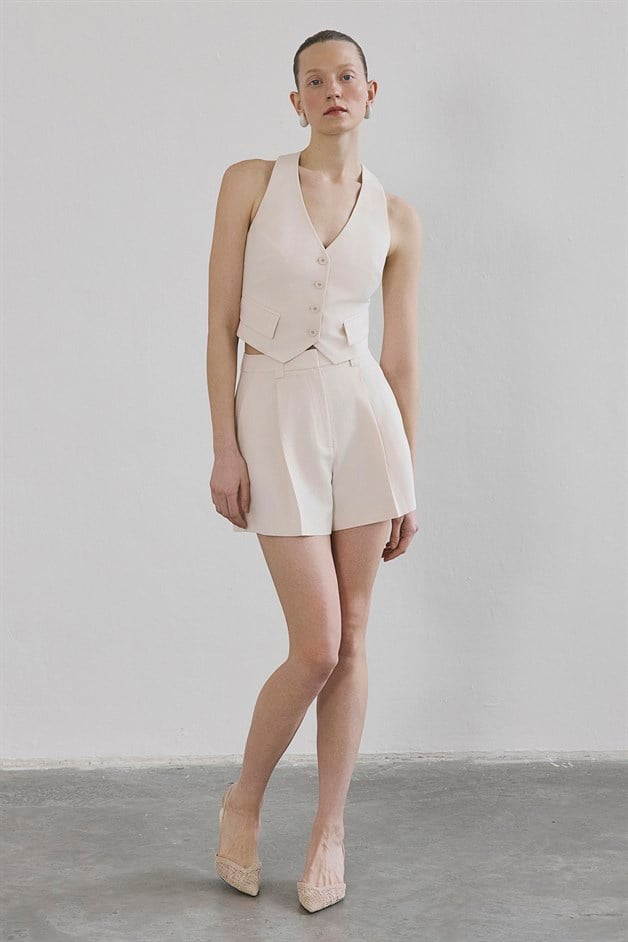 Linen Blend Belted Mini Powder Pink Shorts