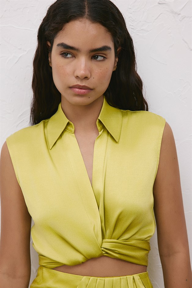 Linen Blend Front Tie Green Vest