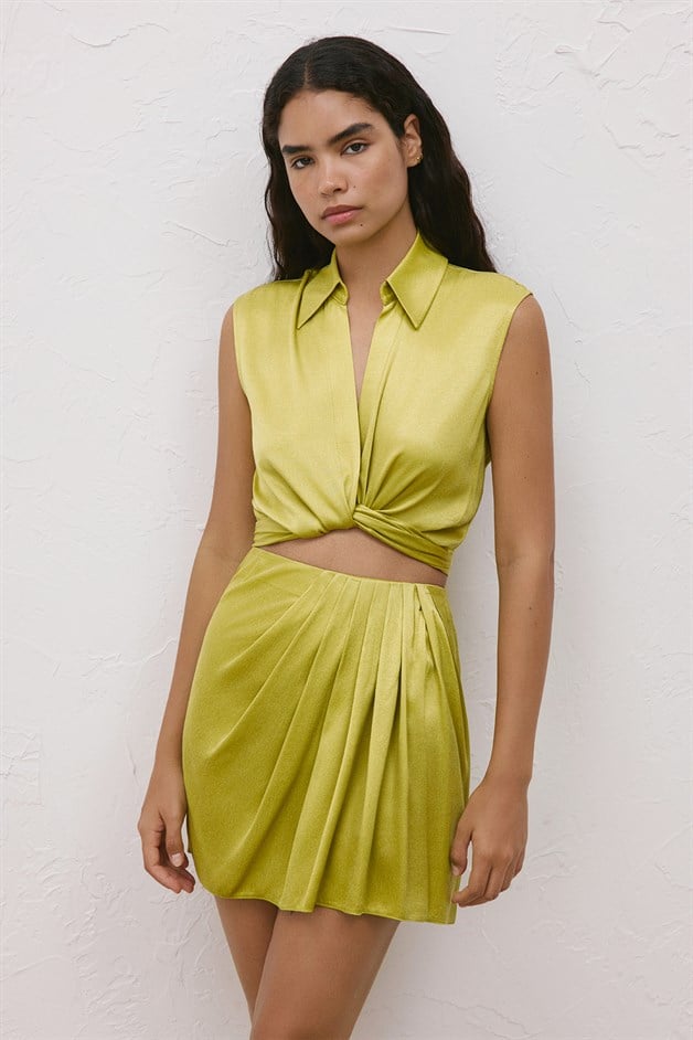 Linen Blend High-Waist Mini Green Skirt