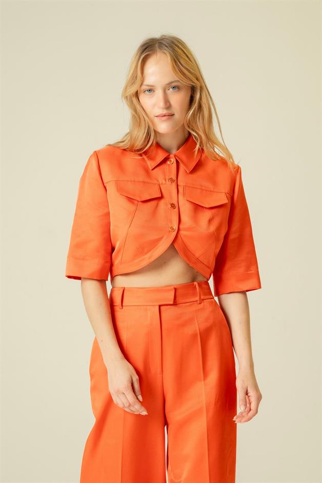 Pocket Detail Short Sleeve Coral Crop Shirt