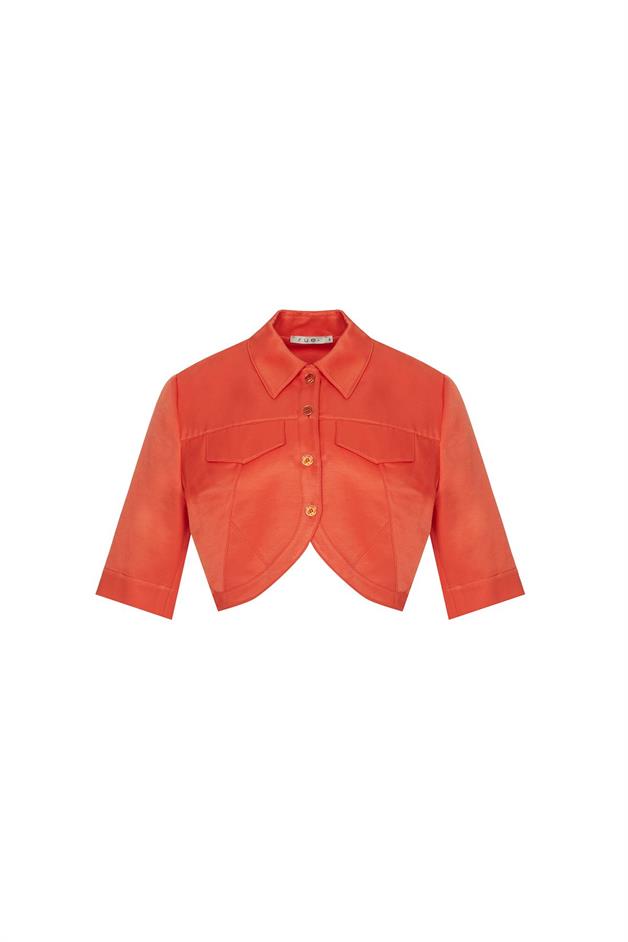 Pocket Detail Short Sleeve Coral Crop Shirt