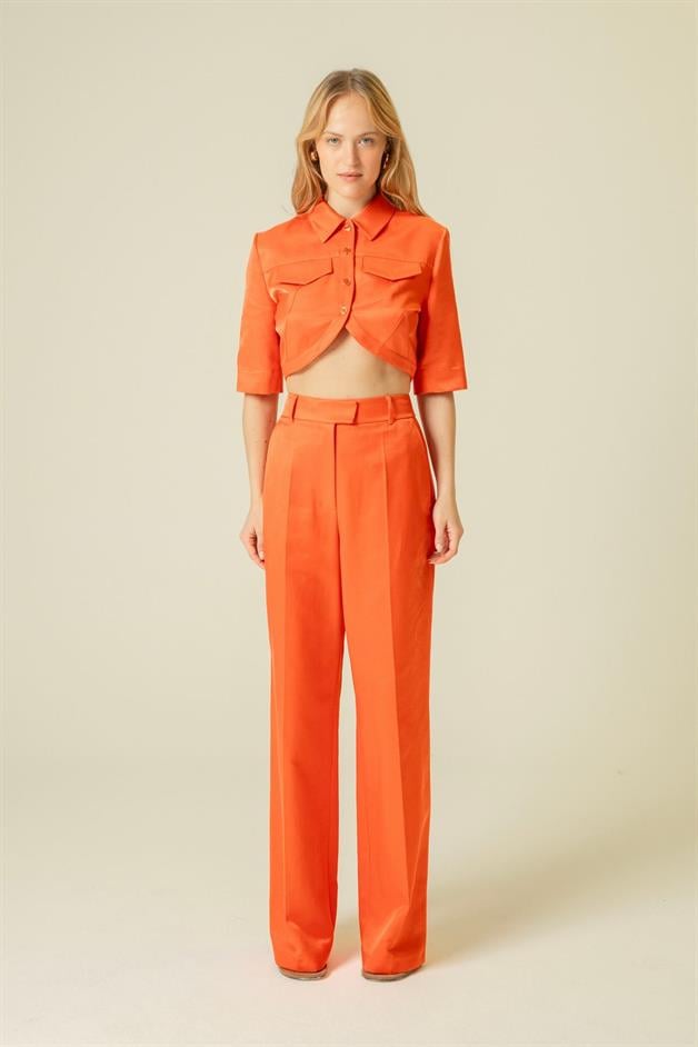 Pocket Detail Short Sleeve Coral Crop Shirt