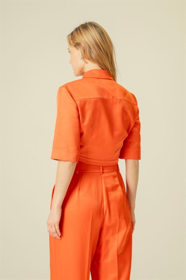 Pocket Detail Short Sleeve Coral Crop Shirt